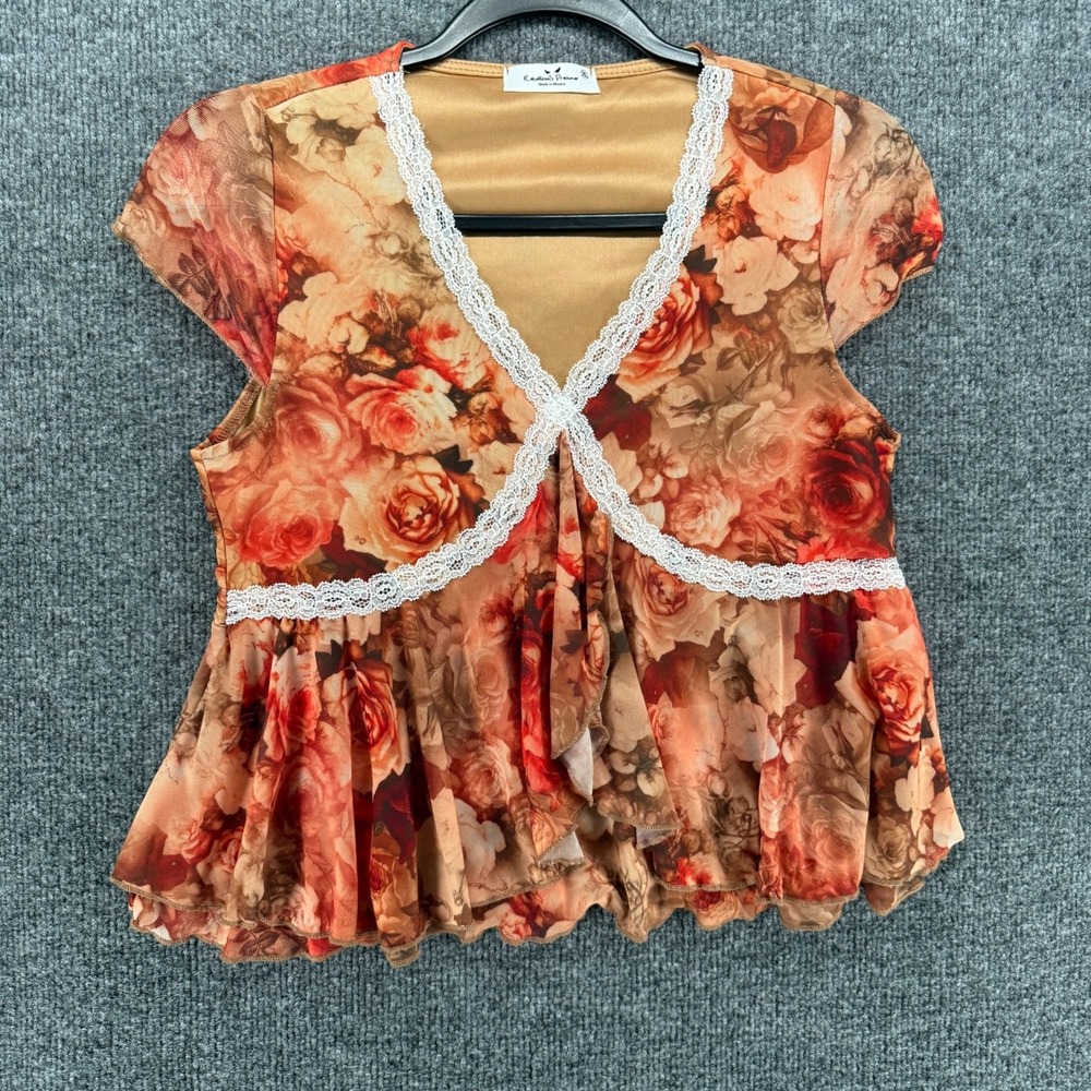 Womens Top Size M Mesh Floral V-Neck Babydoll Fairy Cottage Coquette Romantic